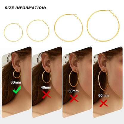4 Pairs Silver Gold Hoop Earrings for Women | 14K Gold Plated Hoop Earrings Set Hypoallergenic Earring Lightweight Dangle Earrings Set - color: 1 Pair Gold-30mm
