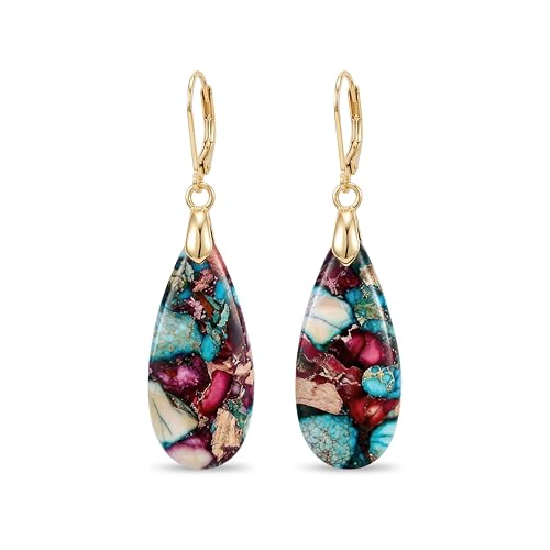 Natural Healing Teardrop Stone Leverback Dangle Drop Earrings Statement Gold earrings - color: Colorful -Gold-02