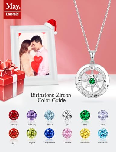 Meeshi Silver Compass Necklace for Women Birthday Gifts for Wife Anniversary Necklace for Women Rose Flower Birthstone Necklaces for Wife Jewelry for Womens Girlfriend Mom Daughter - style: 05-May-Emerald