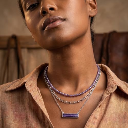 Layered Stone Necklace, Triple Strand Beaded Choker with Paperclip Chain, Boho Western Fashion Jewelry - color: Purple