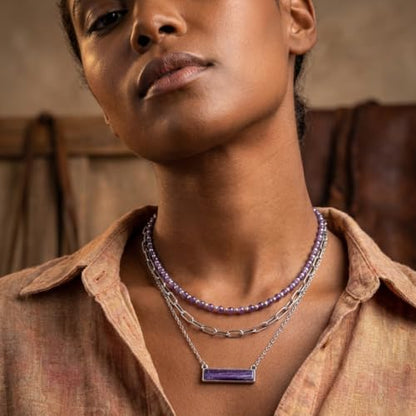 Layered Stone Necklace, Triple Strand Beaded Choker with Paperclip Chain, Boho Western Fashion Jewelry - color: Purple