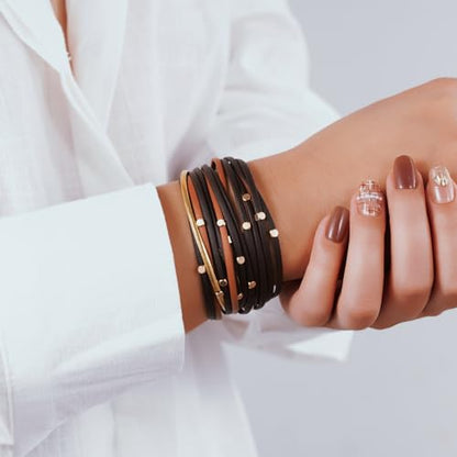 Boho Leather Wrap Bracelets Beaded Stackable Cuff Bracelet Country Concert Outfits Cowboy Cowgirl Western Jewelry Gifts for Women - color: Bead-Brown