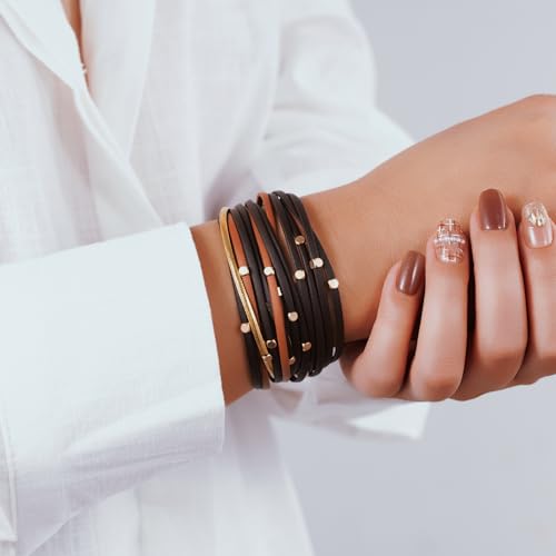 Boho Leather Wrap Bracelets Beaded Stackable Cuff Bracelet Country Concert Outfits Cowboy Cowgirl Western Jewelry Gifts for Women - color: Bead-Brown