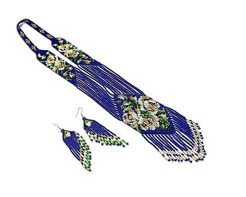 Long Beaded Necklace – Boho Native Handmade Seed Bead Tassel Necklace, Bohemian Large Statement Beaded Necklace for Women - color: Blue/