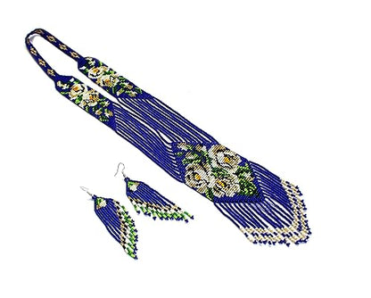 Long Beaded Necklace – Boho Native Handmade Seed Bead Tassel Necklace, Bohemian Large Statement Beaded Necklace for Women - color: Blue/