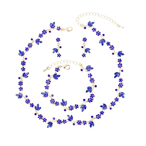 Brides Bridesmaid Flower Leaf Choker Necklace Dangle Earrings Link Bracelet Austrian Crystal Wedding Jewelry Set for Prom Costume Party Accessories for Woman - color: Blue-Gold Plated