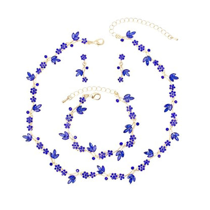 Brides Bridesmaid Flower Leaf Choker Necklace Dangle Earrings Link Bracelet Austrian Crystal Wedding Jewelry Set for Prom Costume Party Accessories for Woman - color: Blue-Gold Plated
