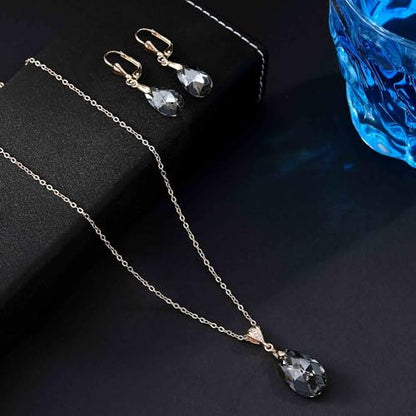 Austrian Crystals Teardrop Pendant Necklace Earrings for Women 14K Gold Plated Hypoallergenic Leverback Drop Dangle Earrings Jewelry Set - color: Black