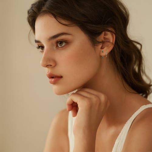 3 Pairs Stackable Kite Stud Earrings Set for Women Trendy | Dainty Birthstone Stud Gold & 925 Sterling Silver Huggie Hoop Jacket Stack Earrings for Women 2026 - color: Gold-Green Emeralde