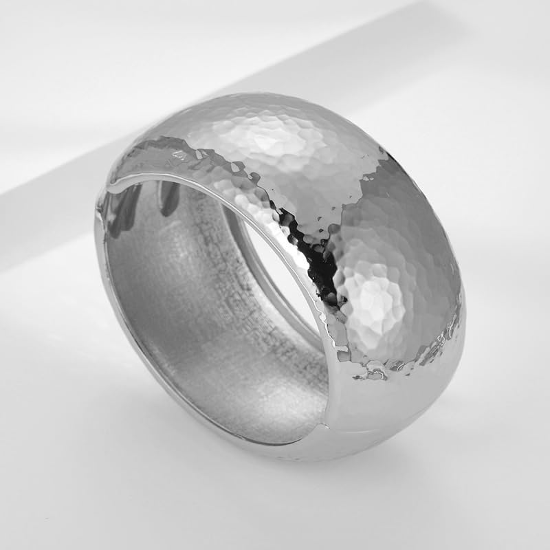 Hammered Wide Chunky Bangle Bracelets for Women Dainty Minimalist Cuff Wrist Open Bangles Statement Unique Exaggerate Trendy Jewelry Gift - color: Silvery