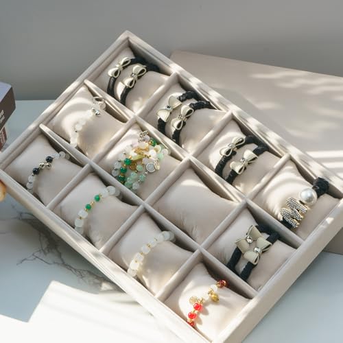 Jewelry Watch Tray, Beige Velvet Watch Jewelry Organizer 12 Grid, Stackable Watch Bracelet Bangle Display Holder, Adjustable Pillows, for Man Woman Show Birthday - color: Beige