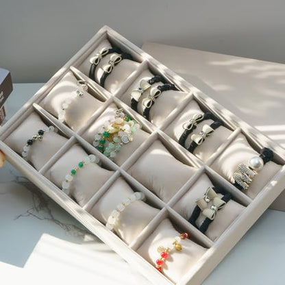 Jewelry Watch Tray, Beige Velvet Watch Jewelry Organizer 12 Grid, Stackable Watch Bracelet Bangle Display Holder, Adjustable Pillows, for Man Woman Show Birthday - color: Beige