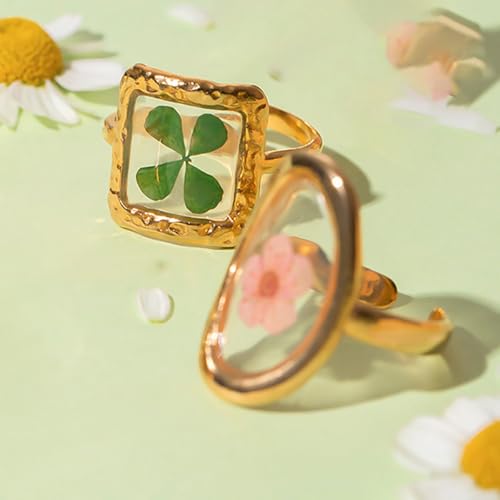 Hebelee Handmade Dried Flower Statement Ring for Women | Gold-Toned Stainless Steel,Adjustable,Pressed Blossom Forget-Me-Not Flowers Open Band Rings,Wedding Holiday Jewelry - color: Hammered Oval B