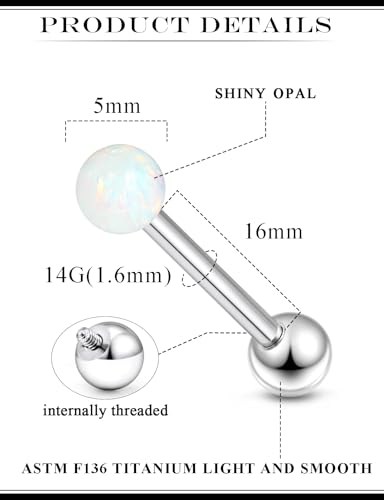 14G Astm F136 Titanium Tongue Rings Piercing Jewelry 14 Gauge Internal Thread Straight Barbell Opal Tongue Rings Piercing Jewlery for Women Men White Pink Purple Blue Green 16MM Bar Length - color: White