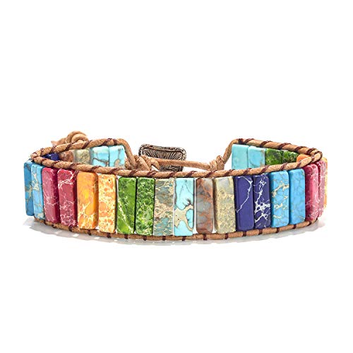 sedmart 7 Chakra Bracelets for Women with Real Stones Leather Wrap Healing Bead Bracelet Women Men Boho Friendship Jewelry - color: A6 Colorful Square button & Chakra