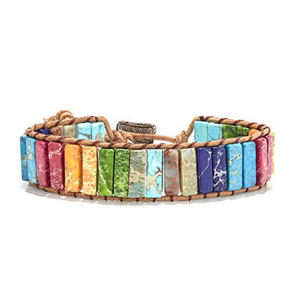 sedmart 7 Chakra Bracelets for Women with Real Stones Leather Wrap Healing Bead Bracelet Women Men Boho Friendship Jewelry - color: A6 Colorful Square button & Chakra
