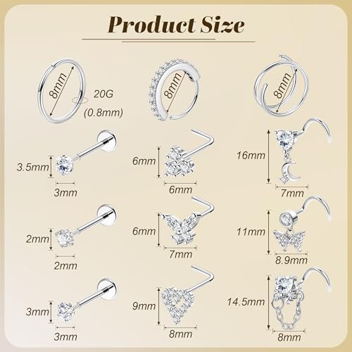 REVOLIA 12Pcs 20G Nose Ring Set 316L Stainless Steel Nose Rings Hoop for Women CZ L Shaped Studs Dangle Heart Butterfly Screw Nose Studs Cute Threadless Flat Back Nose Piercings Jewelry - color: Silver