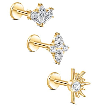 limerencia Titanium Internally Threaded Flat Back Earrings, 3 Pcs Implant Grade Hypoallergenic Studs, 18G Tragus Helix Conch Cartilage Piercing Jewelry for Sensitive Ears Women Men, Gold/Silver - color: Gold-Vibe D