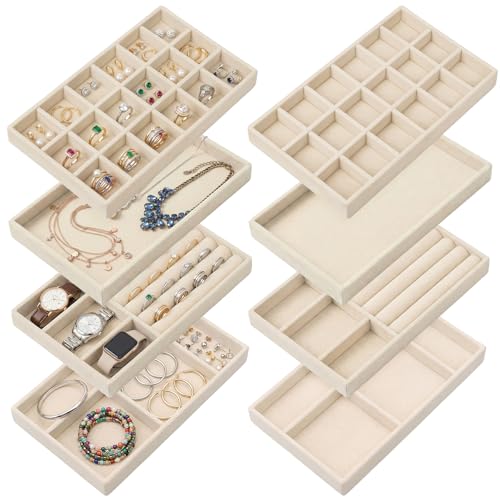 Set of 8 Velvet Jewelry Trays, Stackable Jewelry Organizer | Jewelry Drawer Inserts Divided Display Trays for Earring, Necklace, Ring, Bracelet (4 Styles, Beige)