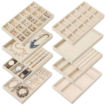 Set of 8 Velvet Jewelry Trays, Stackable Jewelry Organizer | Jewelry Drawer Inserts Divided Display Trays for Earring, Necklace, Ring, Bracelet (4 Styles, Beige)
