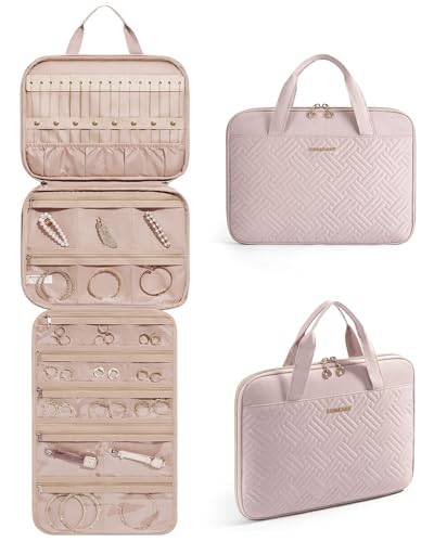 BAGSMART Travel Jewelry Case, Hanging Roll Jewelry Bag with Zipper Pockets Jewelry from Oxidation, Large Capacity for Earrings, Necklaces, Rings on Closet, Wall, Door, Portable Travel Essentials, Pink - color: Pink