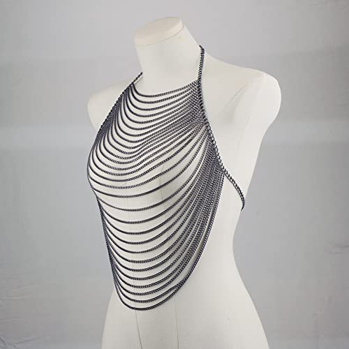 CHRAN Multi-Layer Body Chain Necklace, Gold Metal Chain Halter Top Jewelry, Sexy Chest Chain Accessory for Women - color: Gun Black