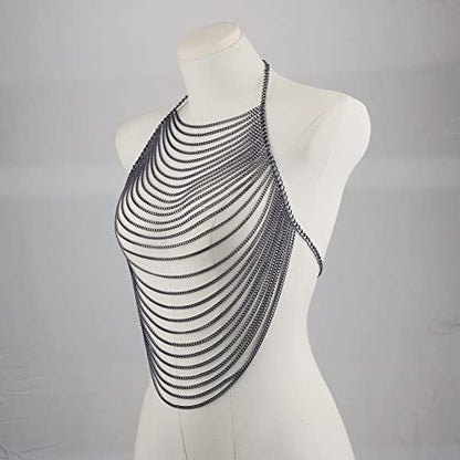 CHRAN Multi-Layer Body Chain Necklace, Gold Metal Chain Halter Top Jewelry, Sexy Chest Chain Accessory for Women - color: Gun Black