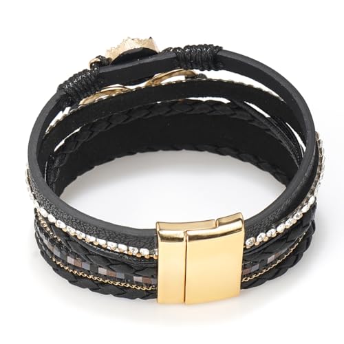 Suyi Multilayer Leather Wrap Bracelet Heart-Shape Wide Bracelets for Women - color: Black