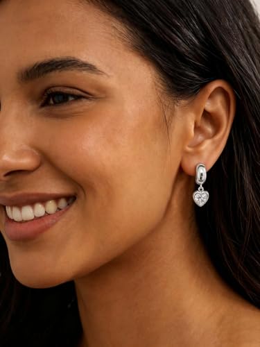 NIXMAX Trendy Gold Dangle Earrings for Women, Chunky Statement CZ Hoops | Bezel-Set Cubic Zirconia Charm, 14K Gold Plated, Lightweight Hypoallergenic Jewelry, Fashion Accessories, Gifts for Women - color: Silver-Chunky-heart hoops