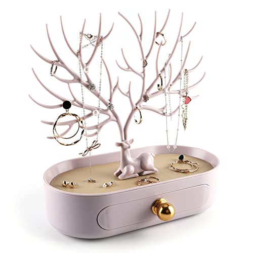 MORE&LESS Antlers Jewelry Display Stand with Aluminium alloy handle, Tree Tower Rack Hanging Organizer for Ring Earrings Necklace Bracelet, Deer Horn Tree Stand with Storage Drawer and Tray - color: B Light Pink-Drawer