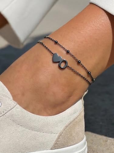 Silvora Ankle Bracelets for Women Waterproof 14K Gold/Silver/Black Initial Anklet for Women Dainty Layered Heart Ankle Bracelets Stainless Steel Adjustable Foot Chain Anklet Summer Beach Jewelry - color: O-Black