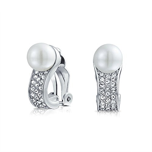 Bridal Cocktail Crystal Faux White Pearl Huggie Clip On Earrings For Women