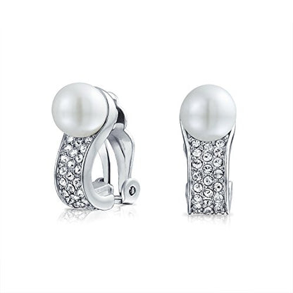 Bridal Cocktail Crystal Faux White Pearl Huggie Clip On Earrings For Women