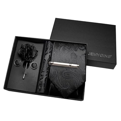 JEMYGINS Mens Paisley Tie and Pocket Square,Lapel Pin,Cufflinks,Tie Clip Sets with Gift Box 5PCS - color: Maroon