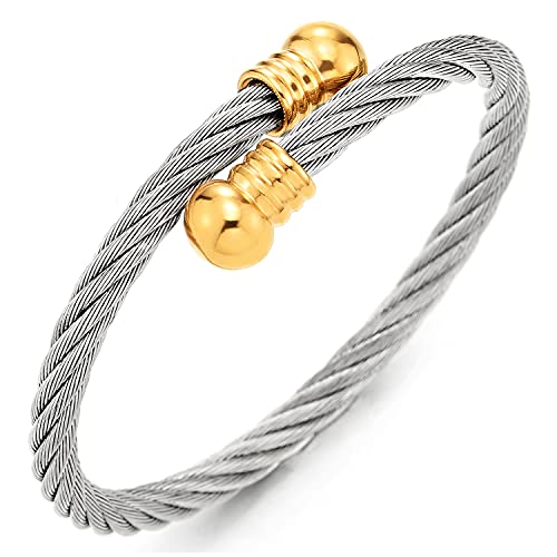 COOLSTEELANDBEYOND Elastic Adjustable Steel Twisted Cable Cuff Bangle Bracelet for Mens for Women - color: G-Metal Color: Silver & Gold-02