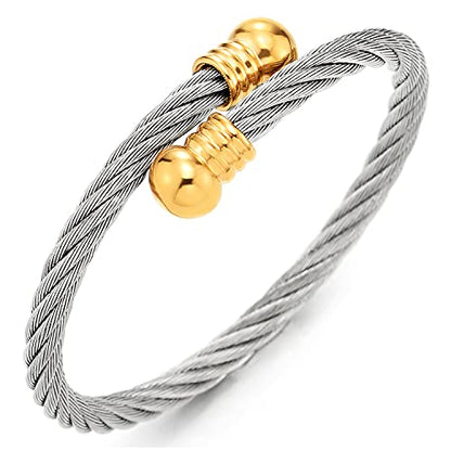 COOLSTEELANDBEYOND Elastic Adjustable Steel Twisted Cable Cuff Bangle Bracelet for Mens for Women - color: G-Metal Color: Silver & Gold-02
