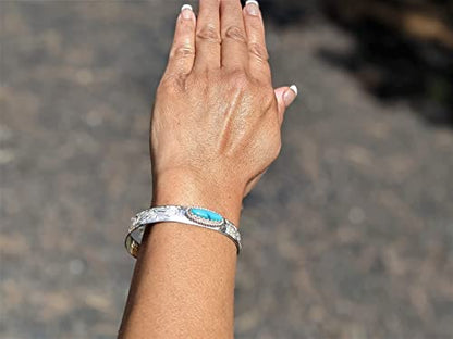 Native American Bracelet, Turquoise Cuff, Sterling Silver Engraved Accents Jewelry, SouthWest Artisans sz 6.75in