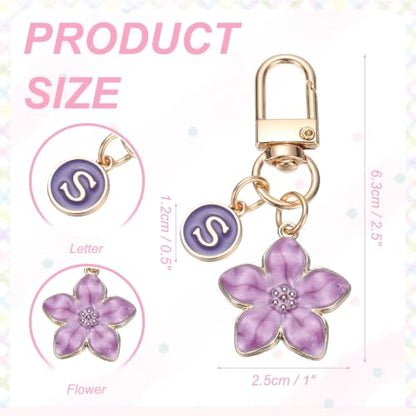 PATIKIL Flower Initial Keychain, Letter Keychain Charm Graceful Flower with Letter for Women Pendant Key - color: Purple