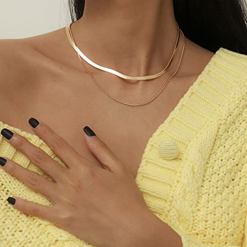 Freekiss Layered Necklace Set for Women Stackable | Herringbone Snake Cuban Rope Chain, Dainty Choker, Layered Stackable, Non Tarnish, Hypoallergenic, Adjustable 14-18.5" - color: Gold, style: Layer 3mm+1.5mm Snake