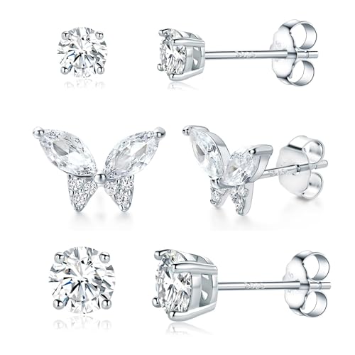 Butterfly Stud Earrings Set for Women, Small CZ Earrings Studs Set | 14K Gold Plated Stud Earring 3 Stack, Hypoallergenic with S925 Silver Posts, Everyday Jewelry Set for Women’s Daily Styling - color: Platinum
