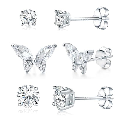 Butterfly Stud Earrings Set for Women, Small CZ Earrings Studs Set | 14K Gold Plated Stud Earring 3 Stack, Hypoallergenic with S925 Silver Posts, Everyday Jewelry Set for Women’s Daily Styling - color: Platinum