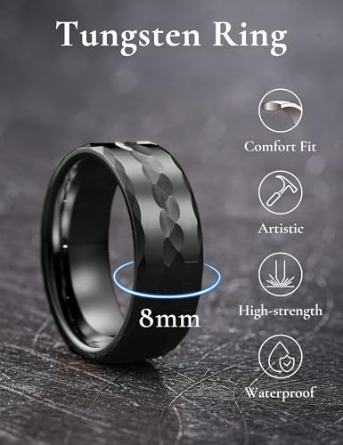 King Will Hammered 8mm Silver Tungsten Ring Hammer Men Wedding Band Comfort Fit - color: Multi-Faceted Black