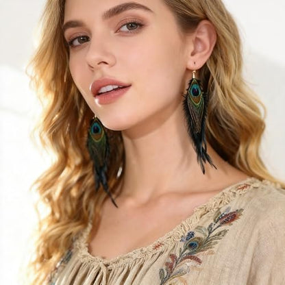 Feather Earrings for Women, Sterling Silver Hook Boho Style Peacock Long Feather Jewelry - color: Peacock Feather-5