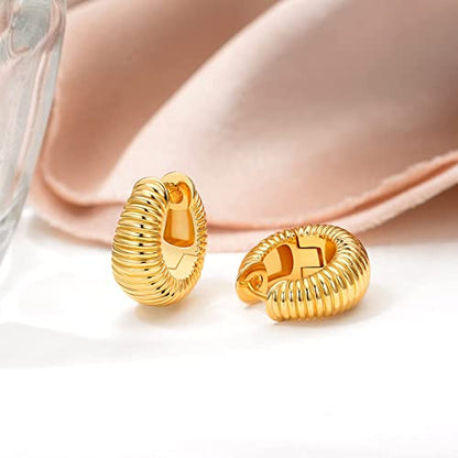 Small Huggie Hoop Earrings For Women, Real Gold Plated Croissant Square Round Earrings Lightweight Everyday Jewelry Hypoallergenic for Sensitive Ears - color: Gold Croissant Hoop