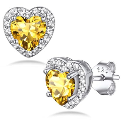 Bestyle Sparkling 925 Sterling Silver Birthstone Stud Earrings for Women, Heart/Round/Teardrop/Square Solitaire Diamond Studs Earrings, Great Birthday/Christmas Gifts - style: 11. Yellow Topaz-Nov.-heart