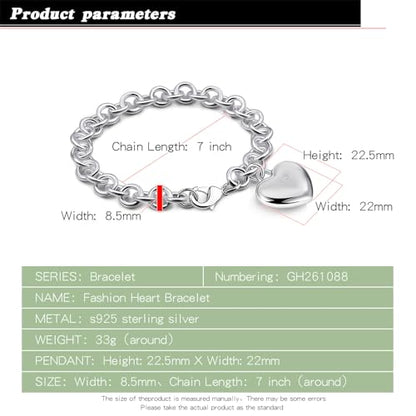 Dankadi Women 925 Sterling Silver Round Cable Wire Link Bracelet Charm Heart-Bell-Square-Circle Pendant Chain Bangle Fine Jewelry Gift For Wife Her - color: 8.5MM Silver Heart Pendant, size: 7.5 in