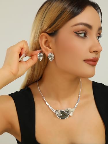 Chunky Statement Jewelry Set Blue Ocean Seashell Choker Necklaces Earrings Set for Women Pearl Bib Collar Necklaces for Party Prom Pageant Summer Fashion Jewelry Unique Birthday Gift - style: leaf abalone shell pearl silver grey