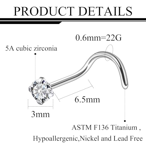 ASTM F136 Titanium Nose Rings 18G 20G 22G Clear Cubic Zirconia Nose Studs Ring Screw L-Shaped Bone Hypoallergenic Body Piercing Jewelry for Women 1.5mm 2mm 2.5mm 3mm 10PCS - style: Screw:22G(0.6mm)-3mm CZ