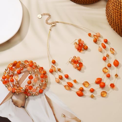 Coiris 3 Layers Illusion Wire Beaded Statement 19.5" Necklace for Women - color: ST0001-Orange