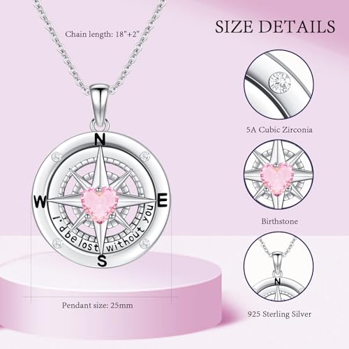 Compass Necklace Sterling Silver Nautical Graduation Gift | 925 Sterling Silver compass pendant with meaningful nautical design, jewelry for women, graduation and travel gift - color: Pink-2